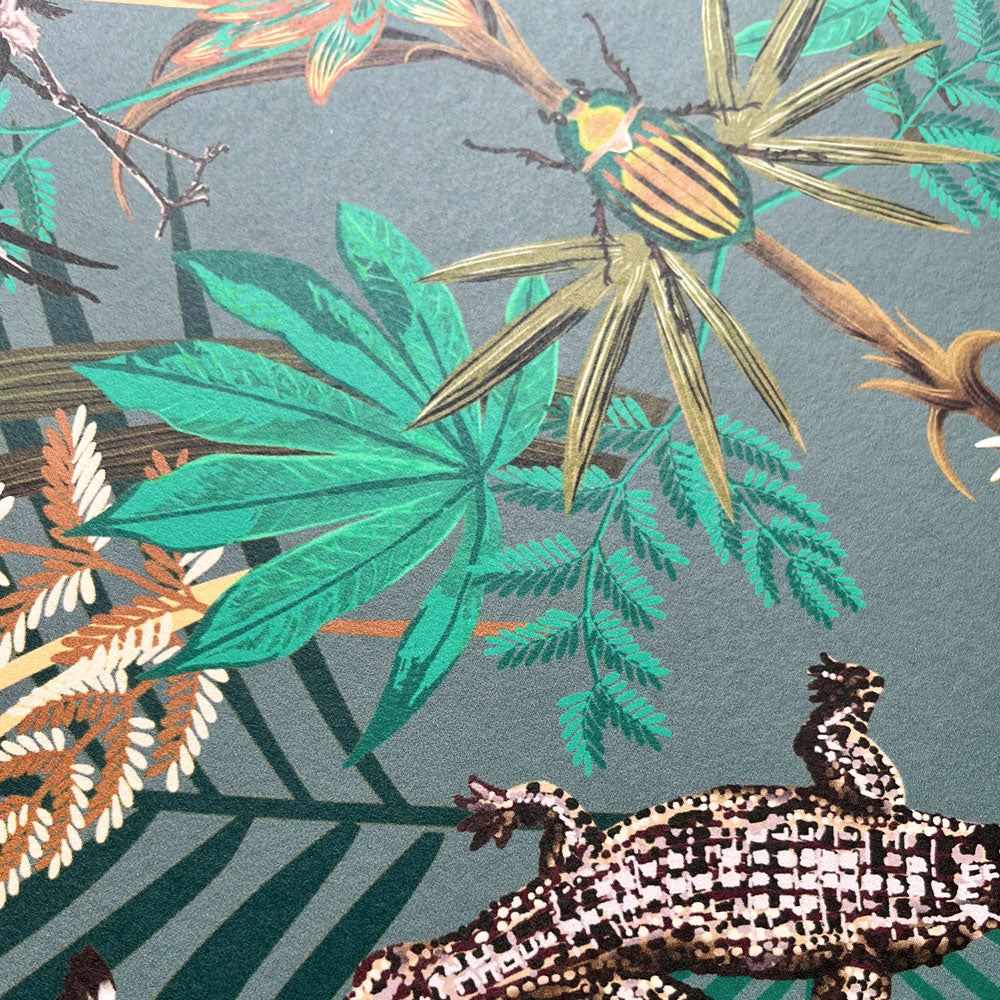 Teal Green Wallpaper with Crocodiles by Designer Becca Who