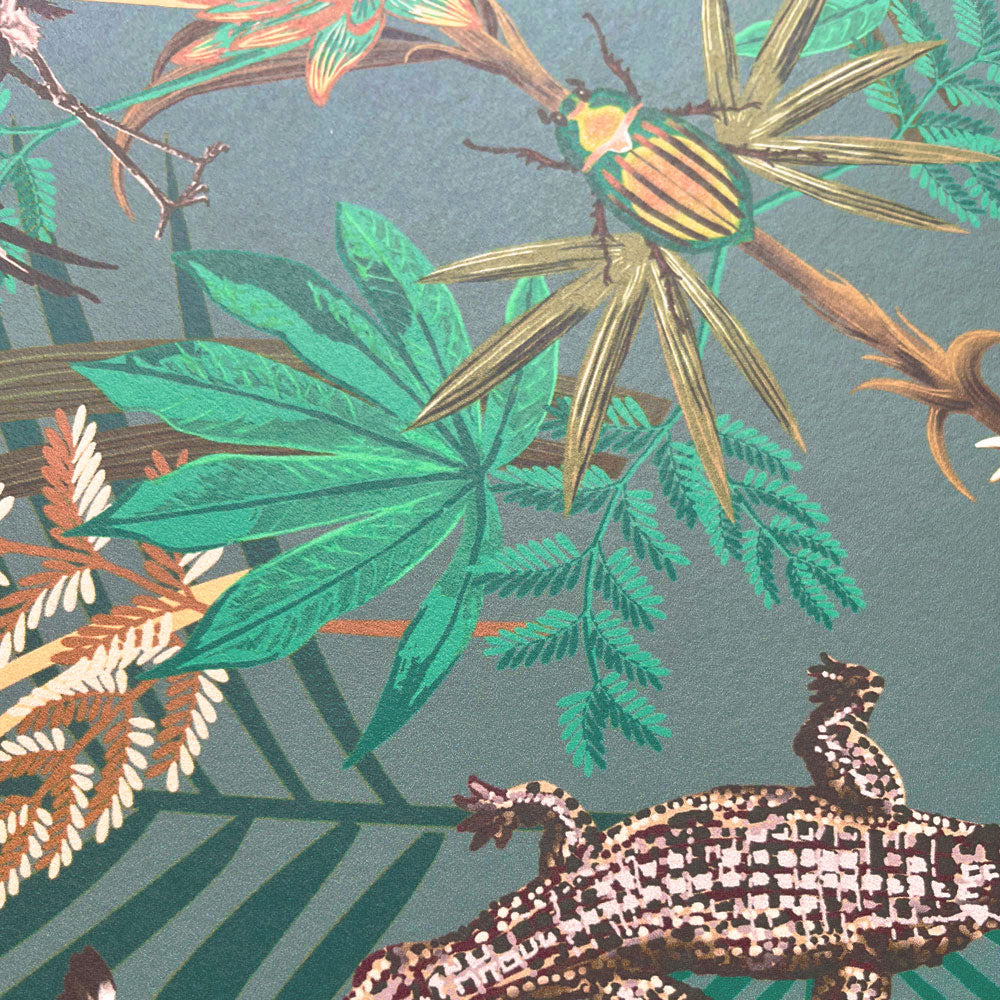 Teal Green Wallpaper with Crocodiles by Designer Becca Who
