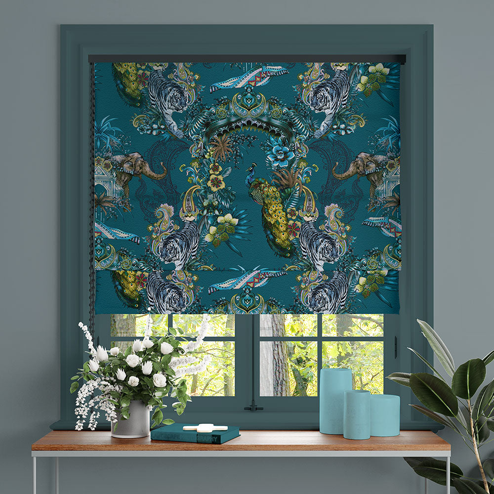 Roman Blind Fabric Teal Peacock Patterned Furnishing Velvet with Indian Pattern