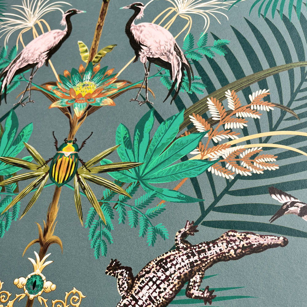Teal Wallpaper with Crocodiles by Designer Becca Who