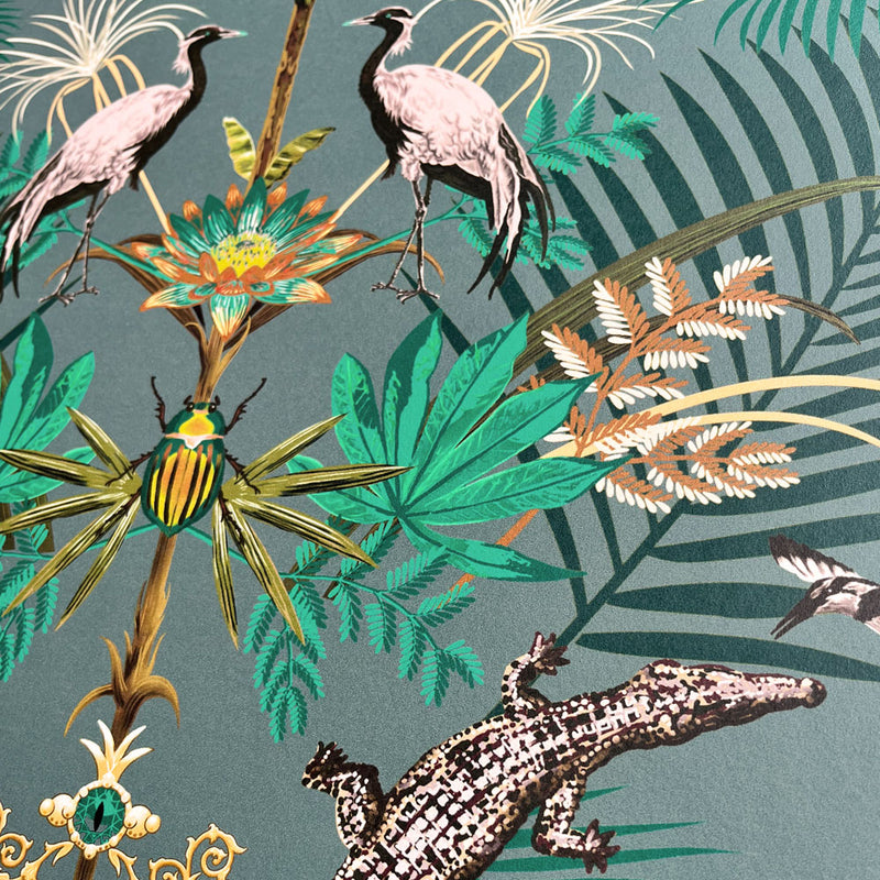 Teal Wallpaper with Crocodiles by Designer Becca Who