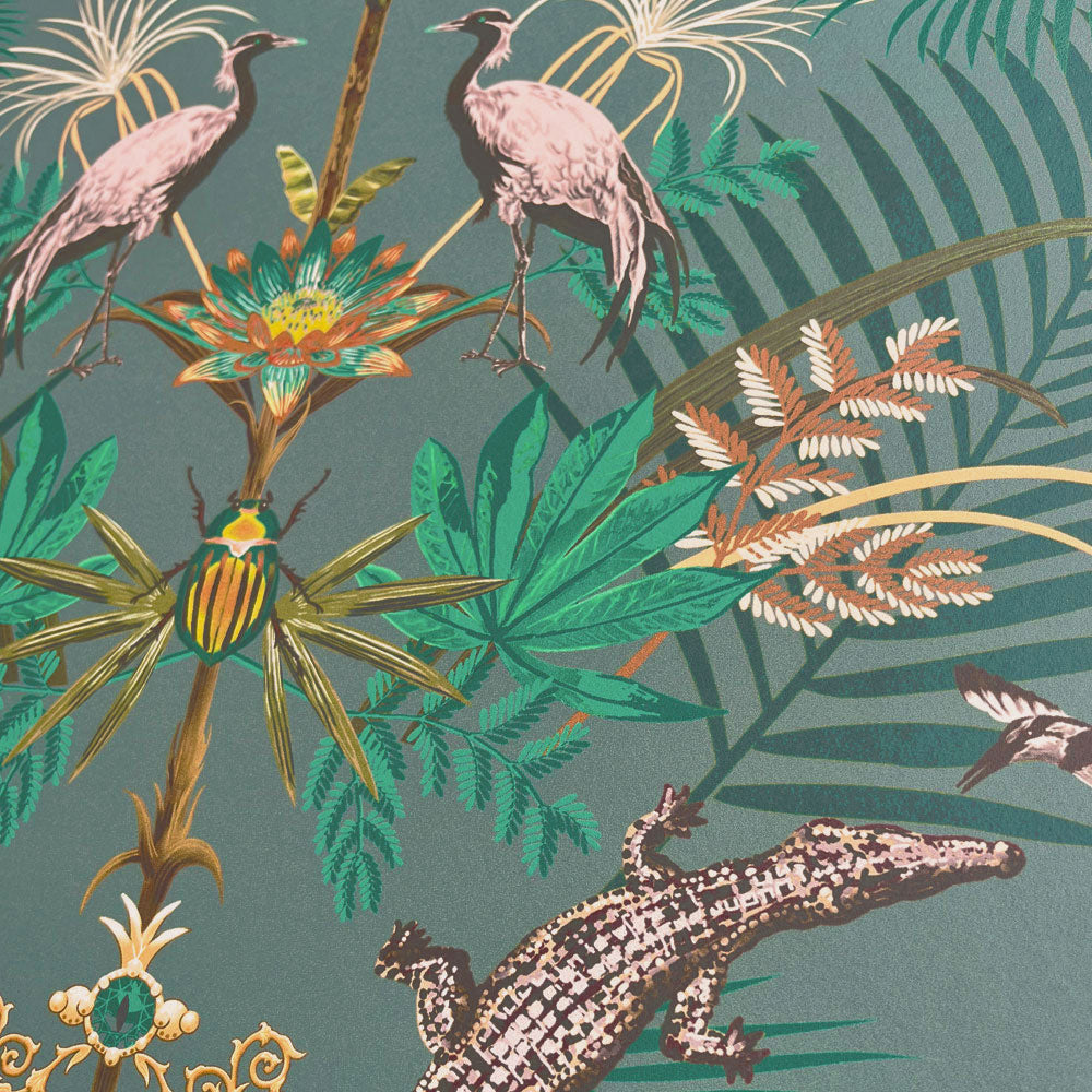 Teal Wallpaper with Crocodiles by Designer Becca Who