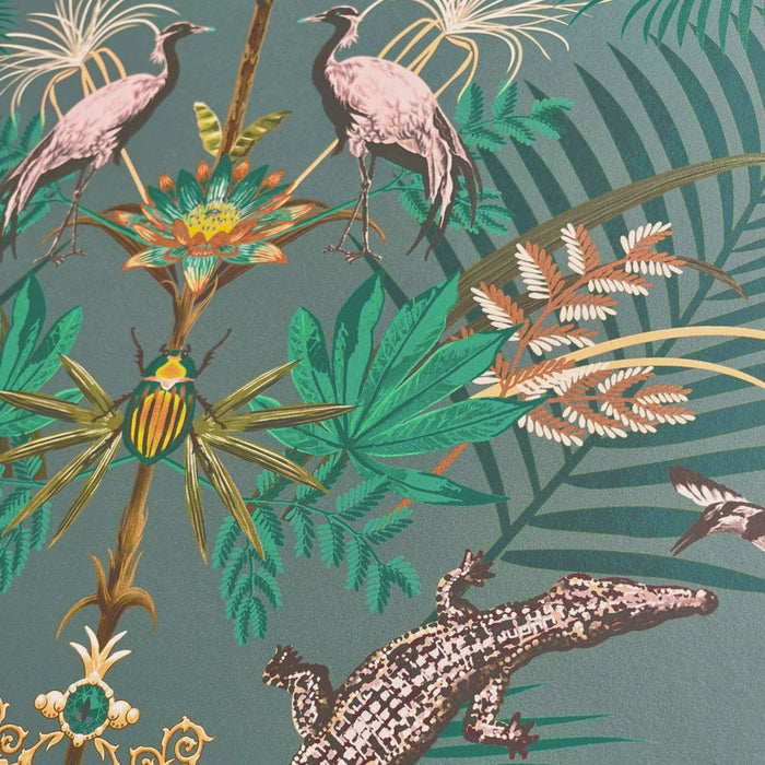 Teal Wallpaper with Crocodiles by Designer Becca Who
