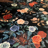 Dark Floral Velvet Fabric for Upholstery, Curtains & Soft Furnishings with Bengal Tigers by Designer, Becca Who