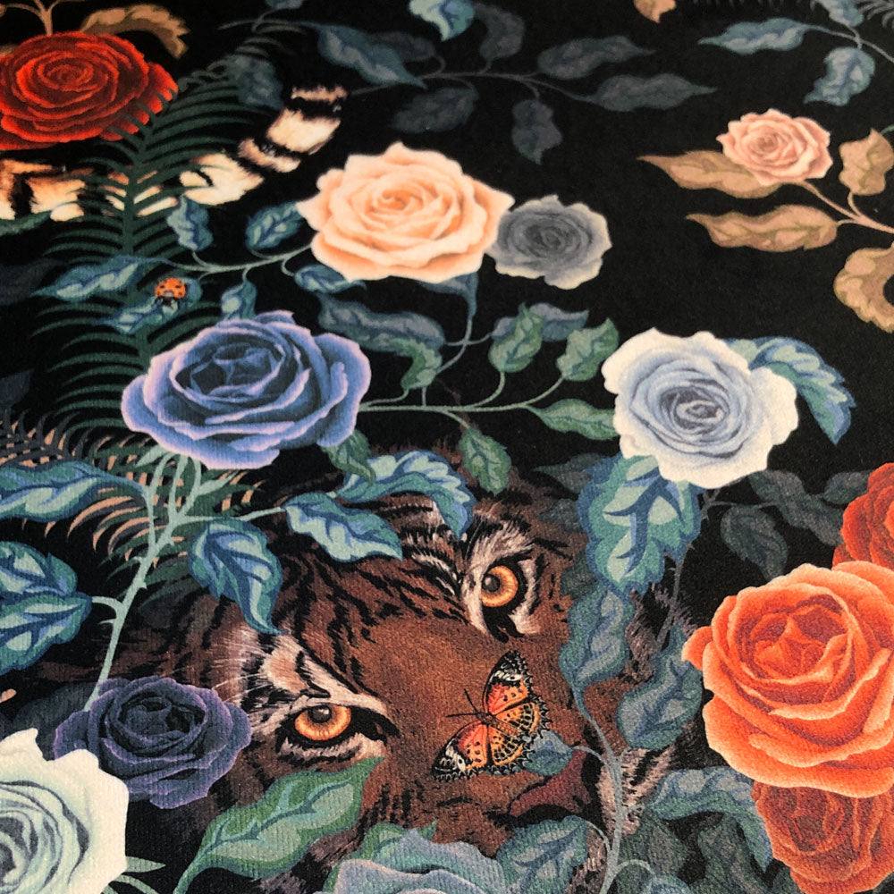 Dark Patterned Velvet Fabric for Upholstery, Curtains & Soft Furnishings with Tigers by Designer, Becca Who