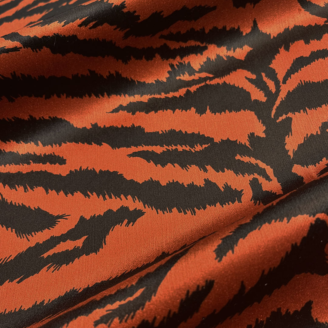 Tiger Stripe Animal Print Velvet Furnishing Fabric in Rust & Black by UK Designer Becca Who