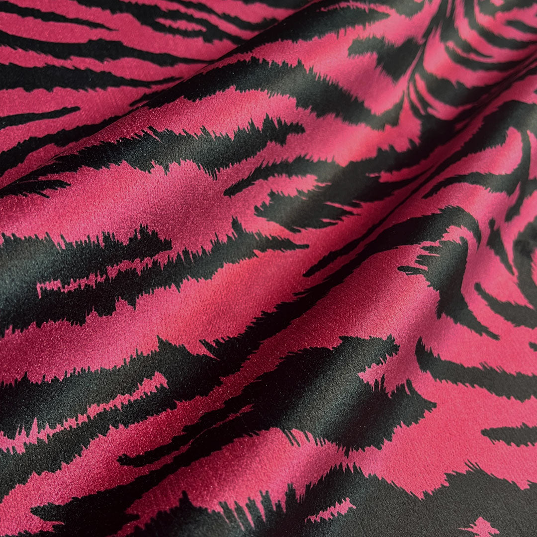 Pink Red Tiger Print Velvet Furnishing, Upholstery & Curtain Fabric by UK Designer, Becca Who