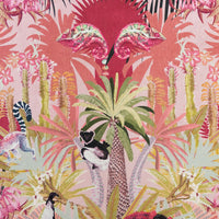 Detail of the panther chameleons on dawn pink lemur print velvet furnishing fabric