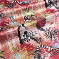 Treetop Tango dawn pink lemur print designer velvet fabric by Becca Who, with chameleons, tomato frogs and comet moths