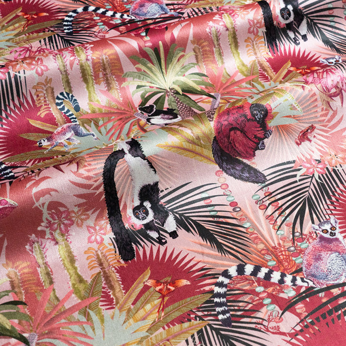 Treetop Tango dawn pink lemur print designer velvet fabric by Becca Who, with chameleons, tomato frogs and comet moths