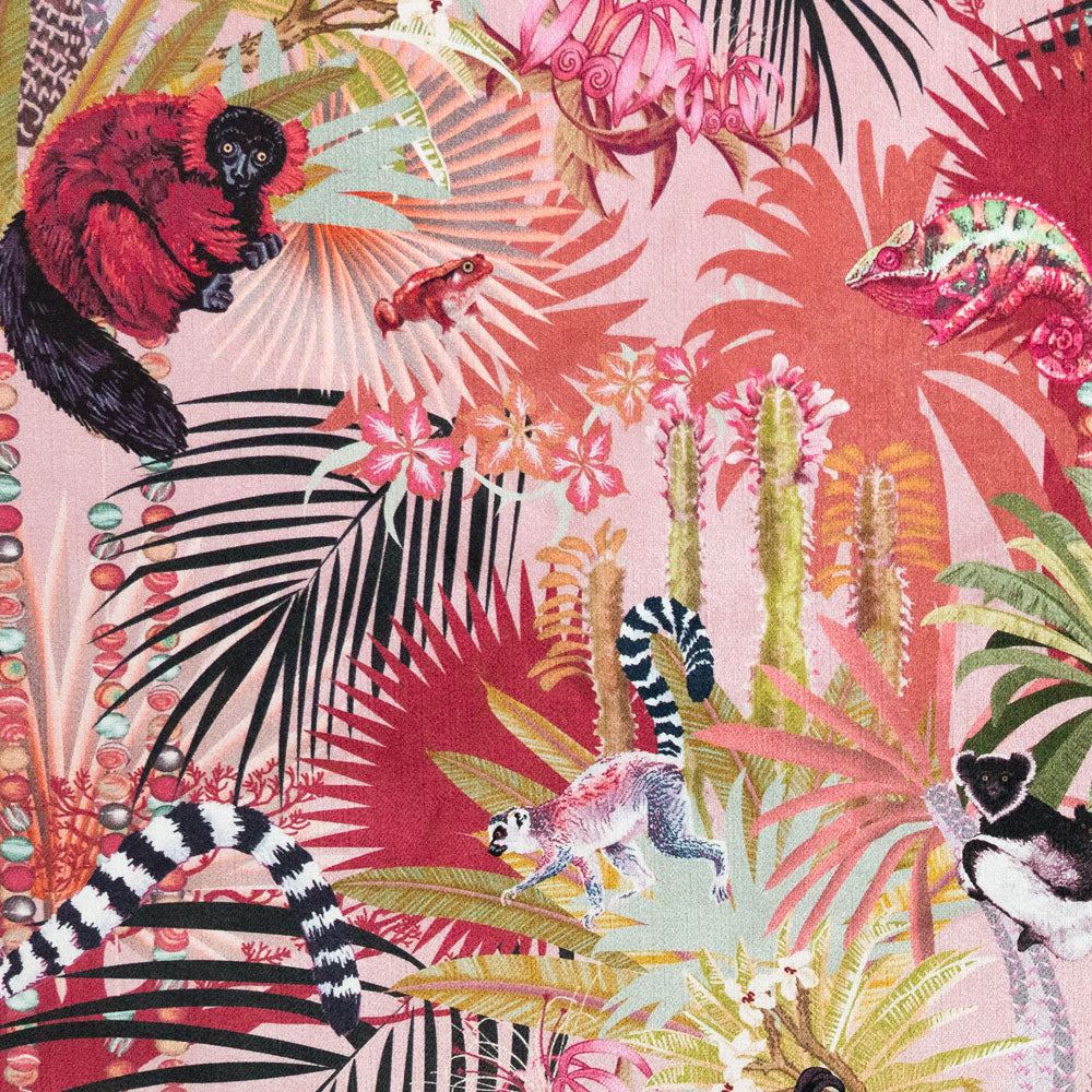 Detail of the lemurs pattern artwork on dawn pink velvet furnishing fabric