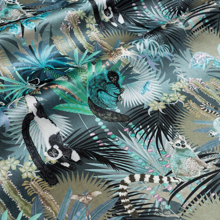 Treetop Tango dusky blue lemur print designer velvet fabric by Becca Who, with chameleons, tomato frogs and comet moths
