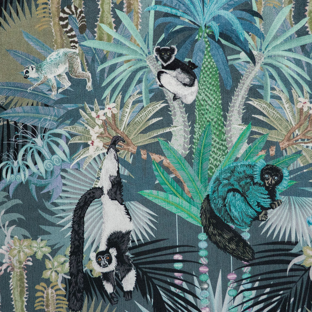 Lemurs and agate bead strands on Treetop Tango lemur print velvet fabric in dusky blue