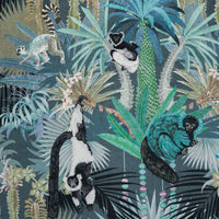 Lemurs and agate bead strands on Treetop Tango lemur print velvet fabric in dusky blue