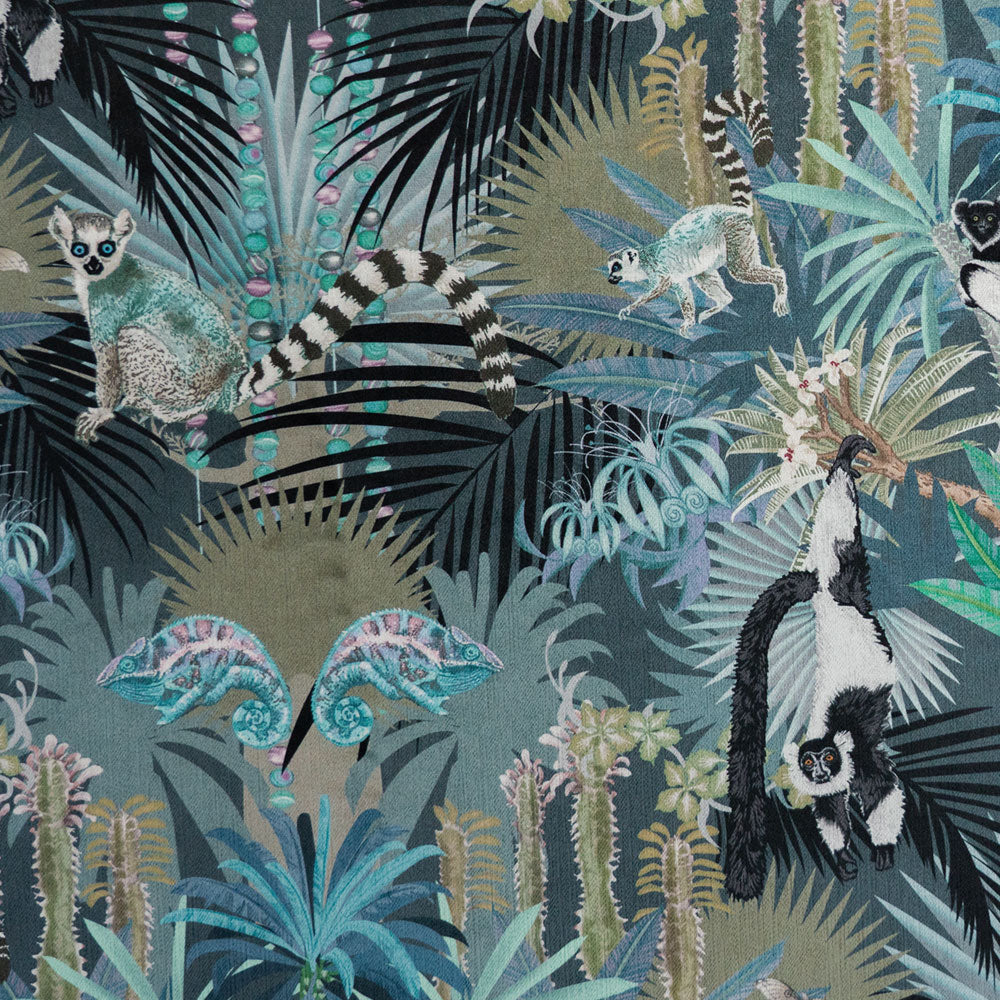 Pattern artwork of lemurs and chameleons on Treetop Tango lemur print velvet fabric in dusky blue