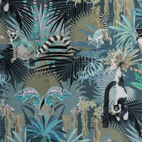 Pattern artwork of lemurs and chameleons on Treetop Tango lemur print velvet fabric in dusky blue