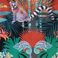 Detail of the panther chameleons and lemur on dark colourful velvet furnishing fabric