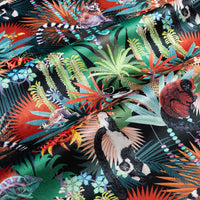 Treetop Tango dark colourful lemur print designer velvet fabric by Becca Who, with chameleons, tomato frogs and comet moths