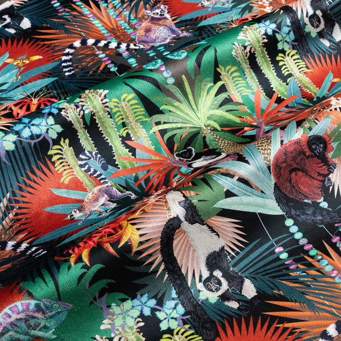 Treetop Tango dark colourful lemur print designer velvet fabric by Becca Who, with chameleons, tomato frogs and comet moths