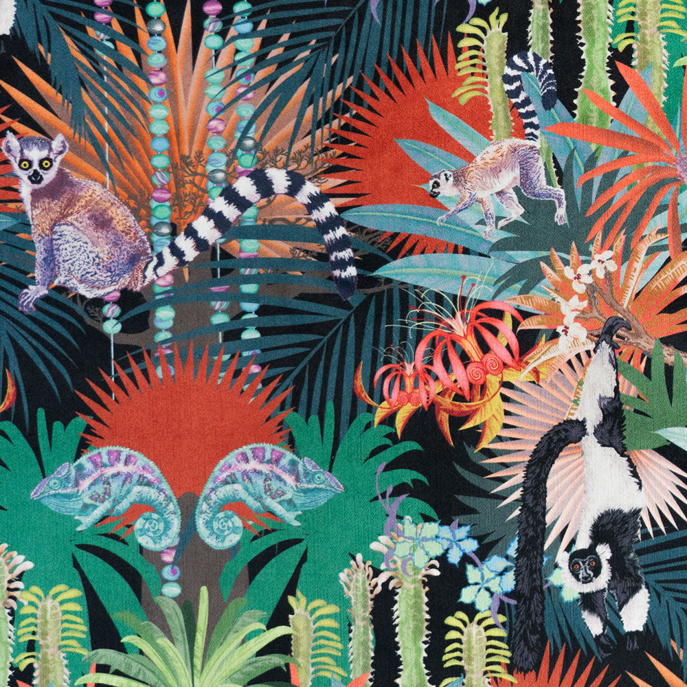 Detail of the pattern artwork on dark colourful lemur print velvet furnishing fabric