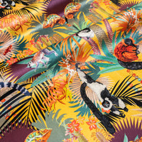 Treetop Tango sunshine yellow lemur print designer velvet fabric by Becca Who, with chameleons, tomato frogs and comet moths