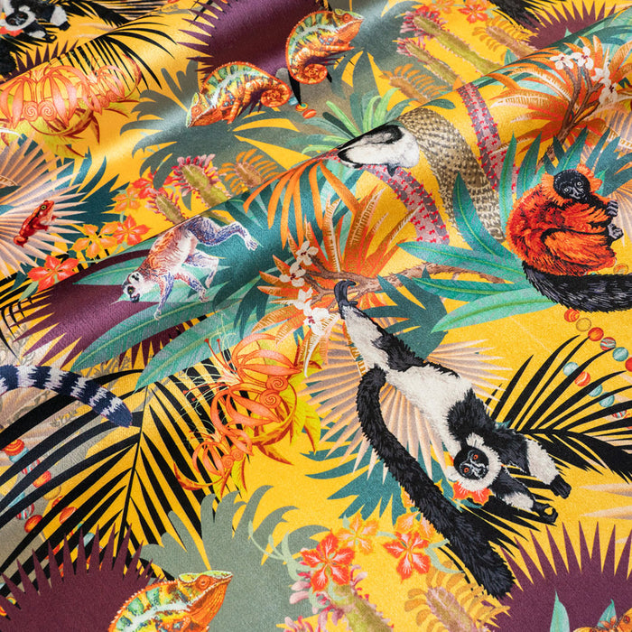 Treetop Tango sunshine yellow lemur print designer velvet fabric by Becca Who, with chameleons, tomato frogs and comet moths