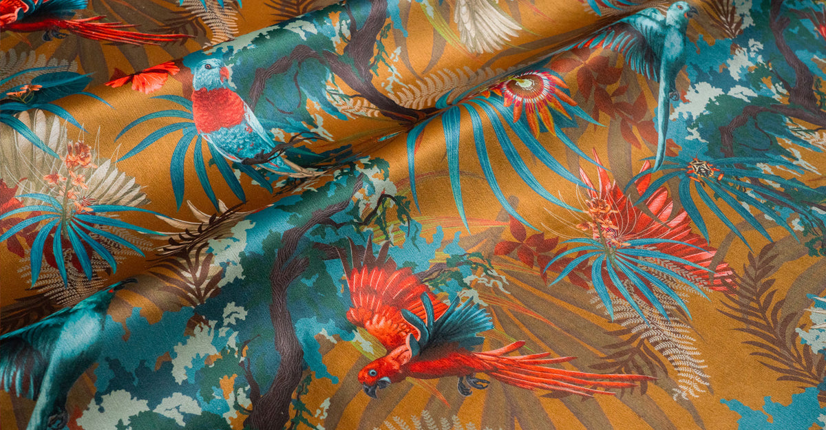 Tropical Bird Print Velvet Fabric for Upholstery by Designer, Becca Who