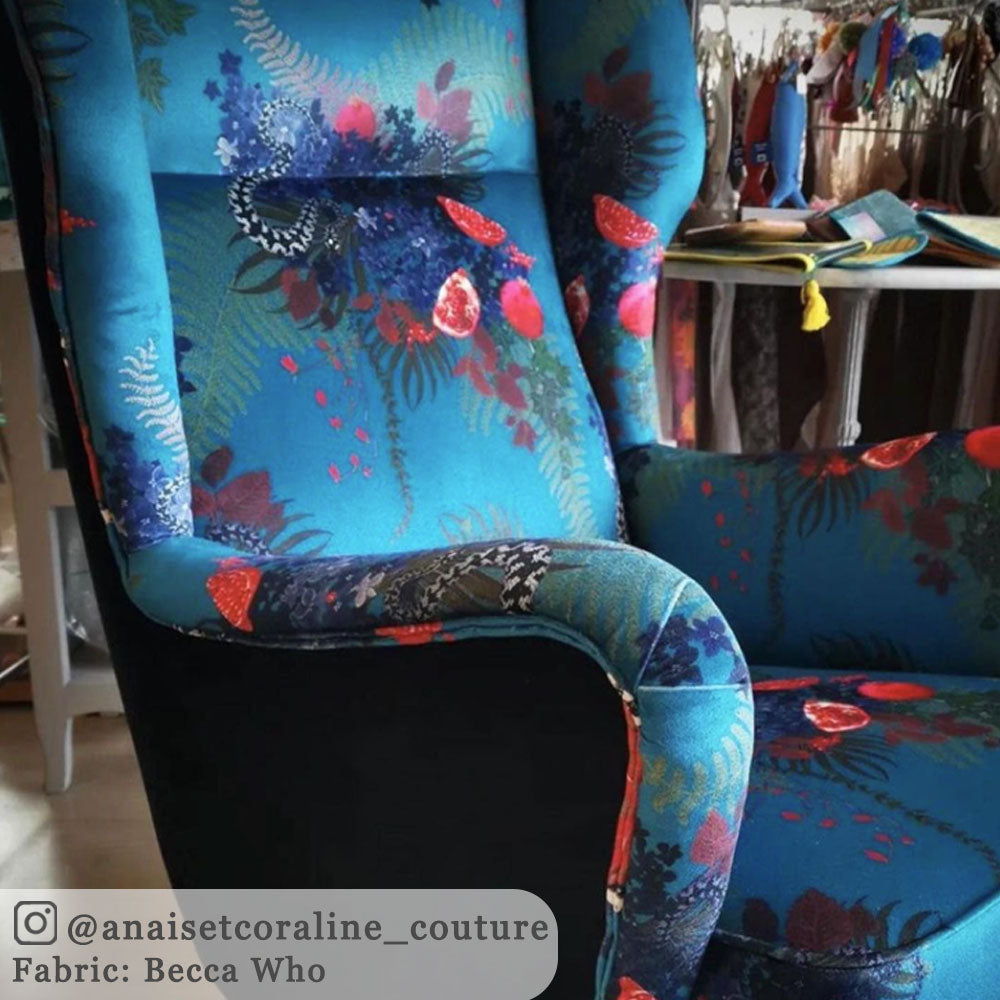 Blue Velvet Upholstery Fabric with Snakes by Designer, Becca Who