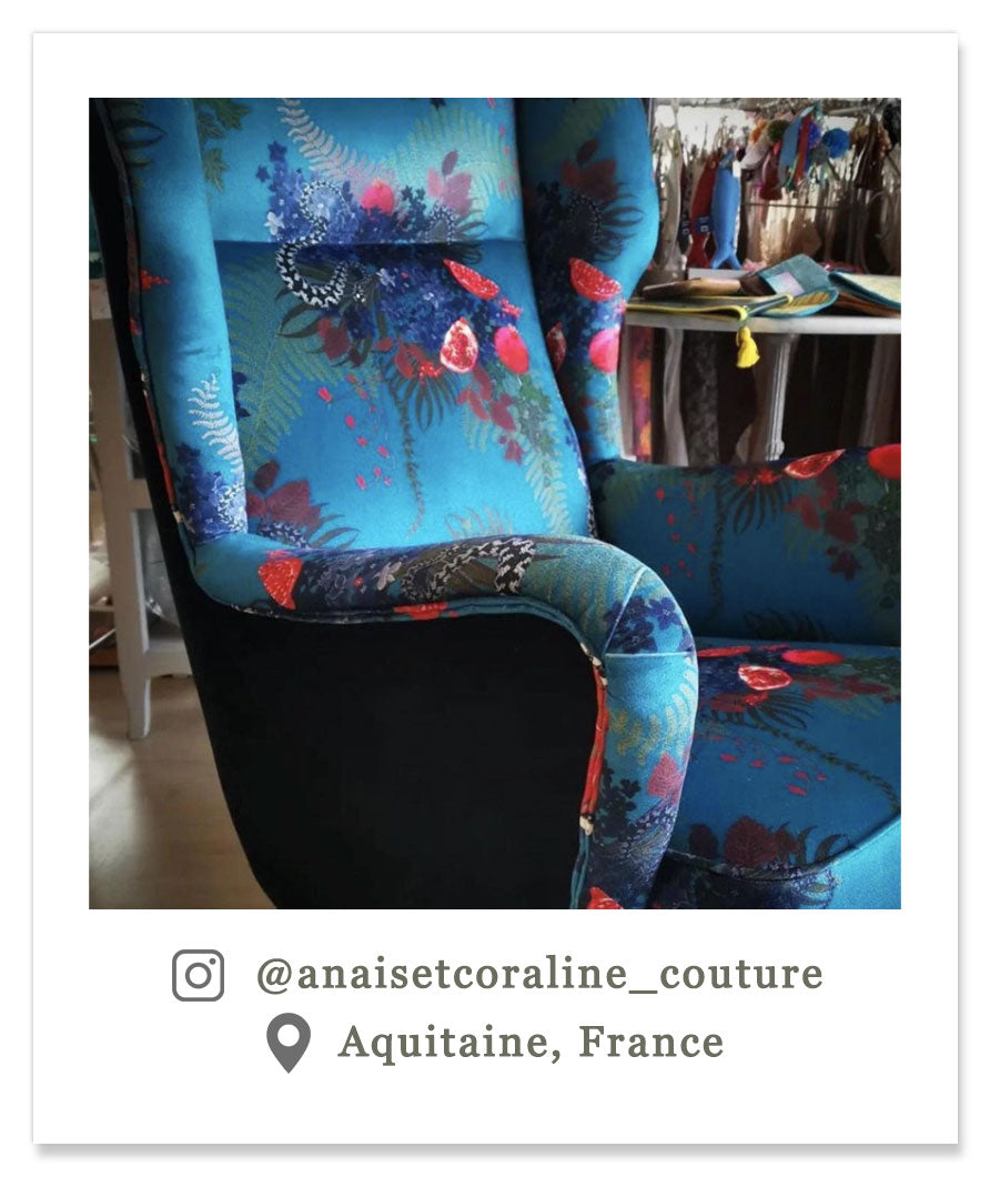 Blue Velvet Upholstery Fabric with Snakes Pattern by Designer Becca Who
