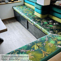 Bold Patterned Green velvet Upholstery Fabric with Crocodiles Print by Designer Becca Who