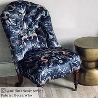 Ocean Patterned Dark Blue Velvet Upholstery Fabric by Designer Becca Who