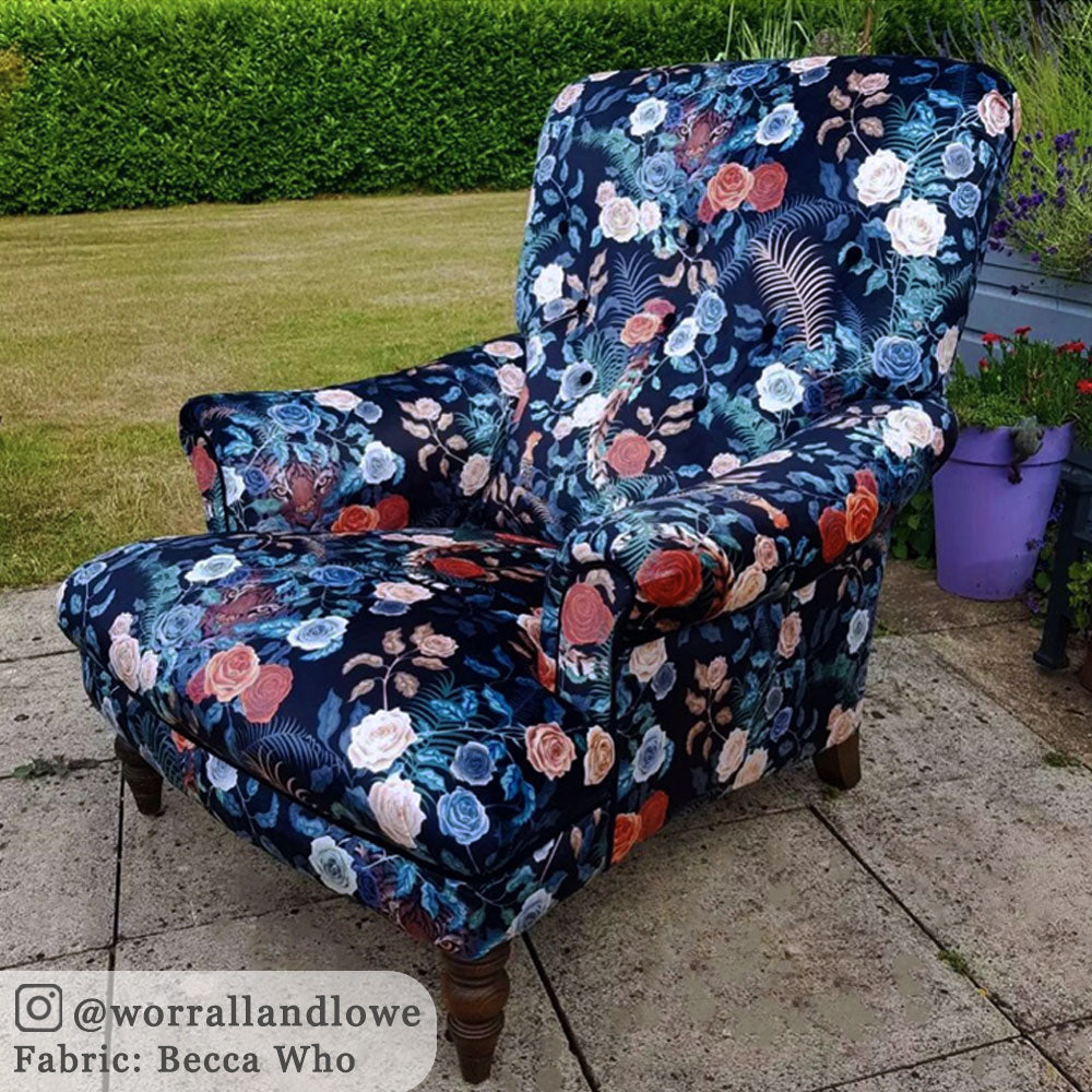 Dark Floral Patterned Velvet by Designer, Becca Who upholstered on Armchair