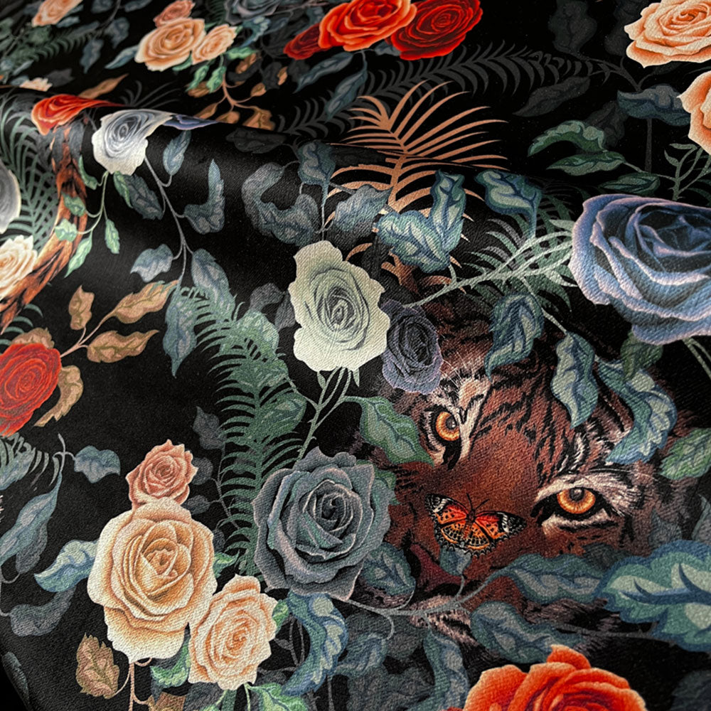 Dark Floral Tiger Upholstery Fabric by Designer Becca Who for Maximalist Interiors