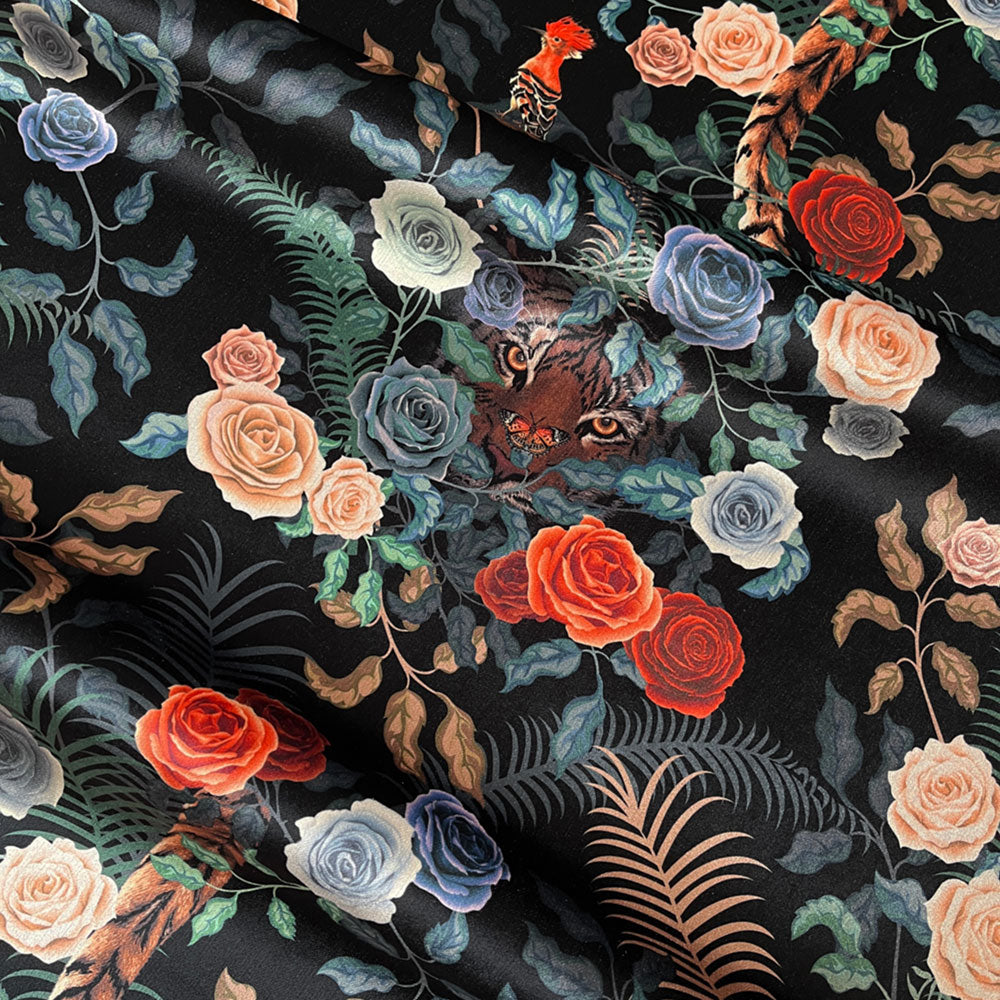Dark Floral Velvet Furnishing Fabric with Tigers by Becca Who