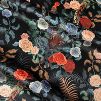 Dark Floral Velvet Furnishing Fabric with Tigers by Becca Who