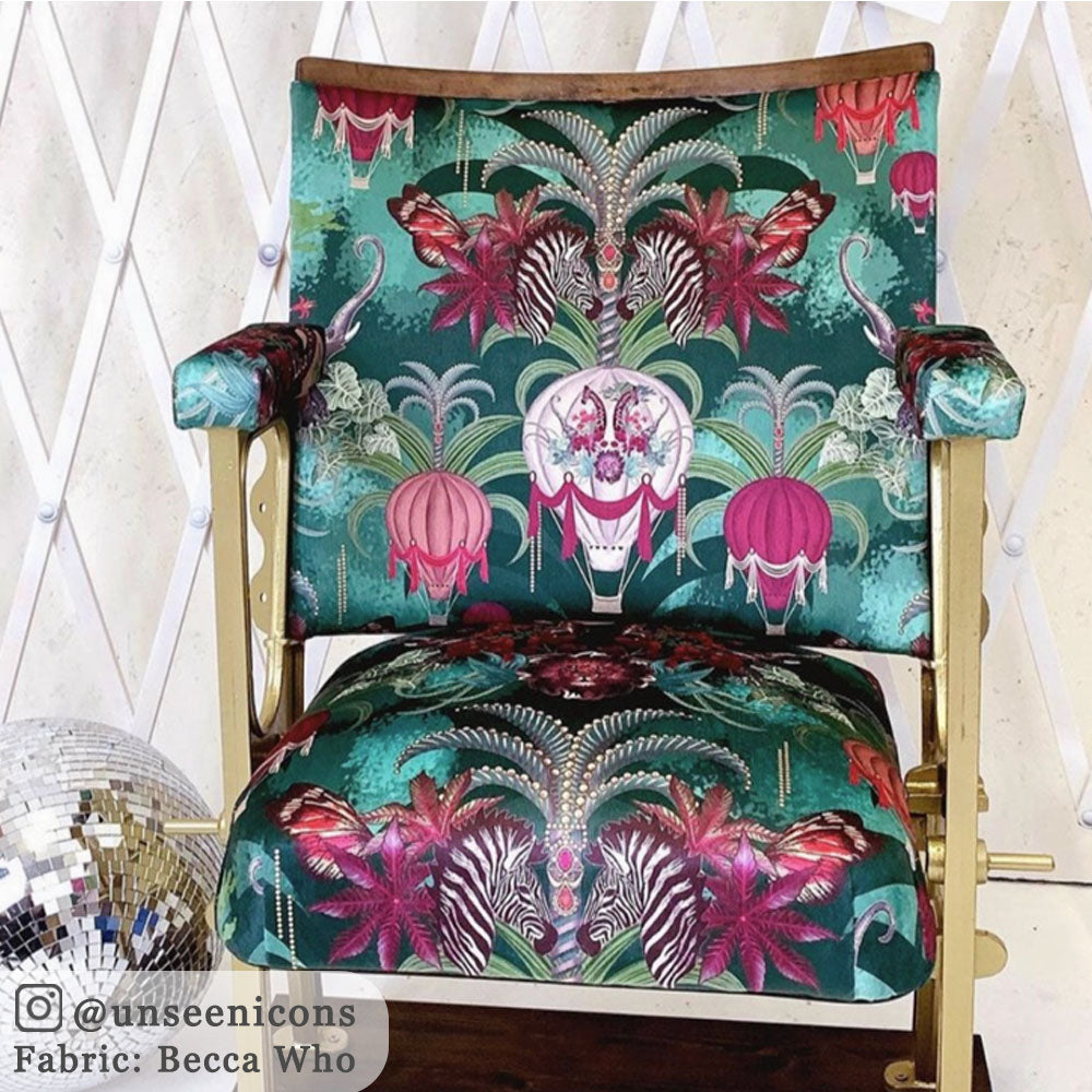 Chair with Emerald Green Velvet Upholstery Fabric by Designer Becca Whom cinema seat