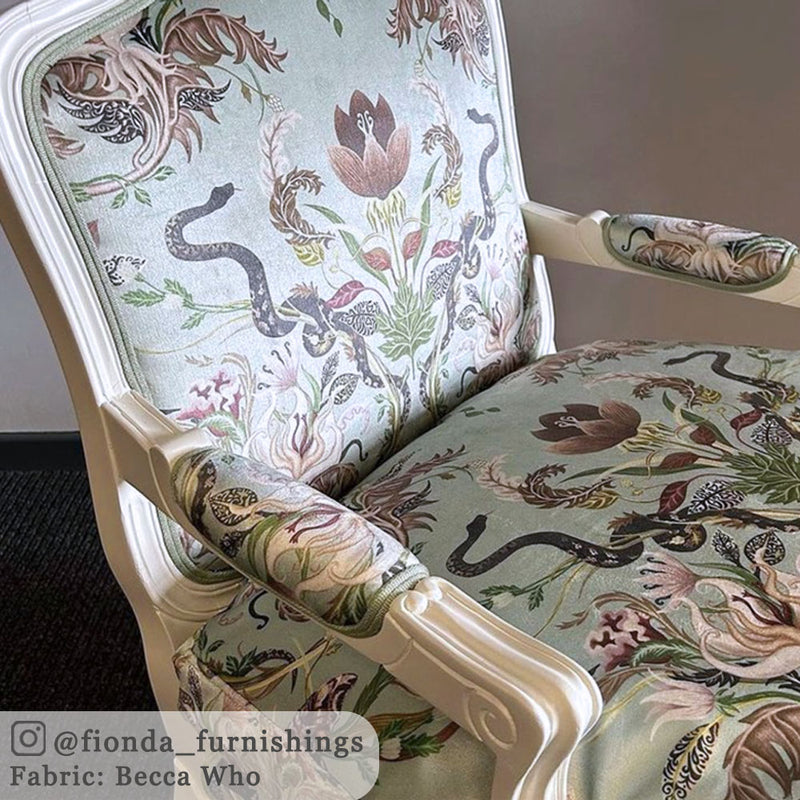 Pale Green Patterned Upholstery Fabric by Designer, Becca Who, on Chair