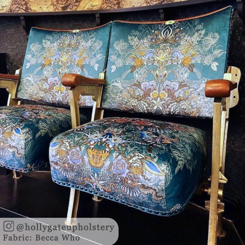 Teal Blue Patterned Velvet Upholstery Fabric by Designer Becca Who