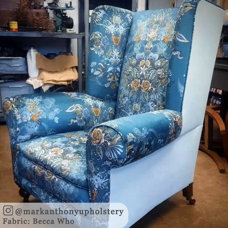 Patterned Teal Blue Velvet Upholstery Fabric by Designer Becca Who