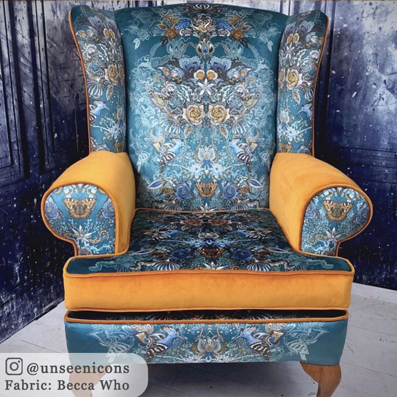 Decorative Patterned Teal Velvet Upholstery Fabric by Designer Becca Who