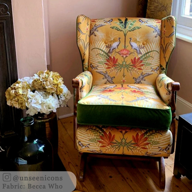 Bright Yellow Velvet Upholstery Fabric with bold Pattern by Designer Becca Who