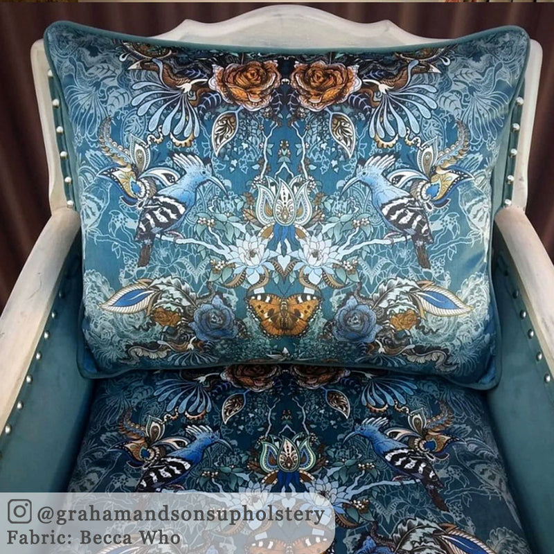Patterned Teal Blue Velvet Statement Upholstery Fabric by Designer Becca Who