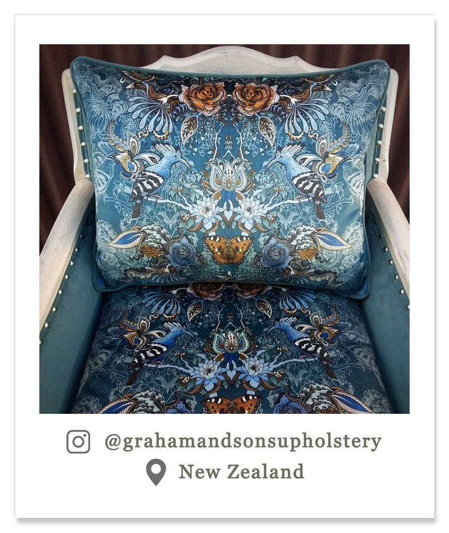 Patterned Velvet Upholstery Fabric in Teal Blue by Designer Becca Who