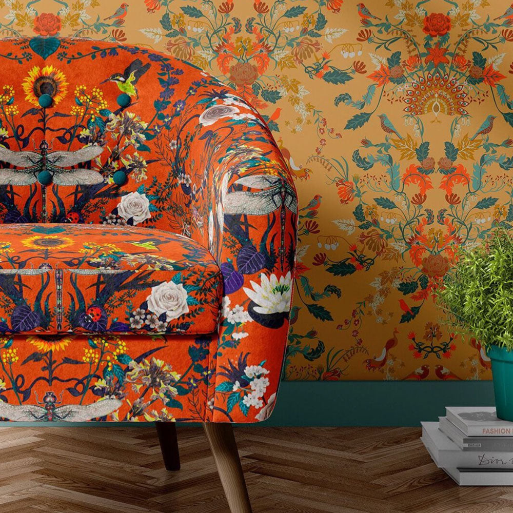 Vibrant Orange Patterned fabric for upholstery by Designer, Becca Who