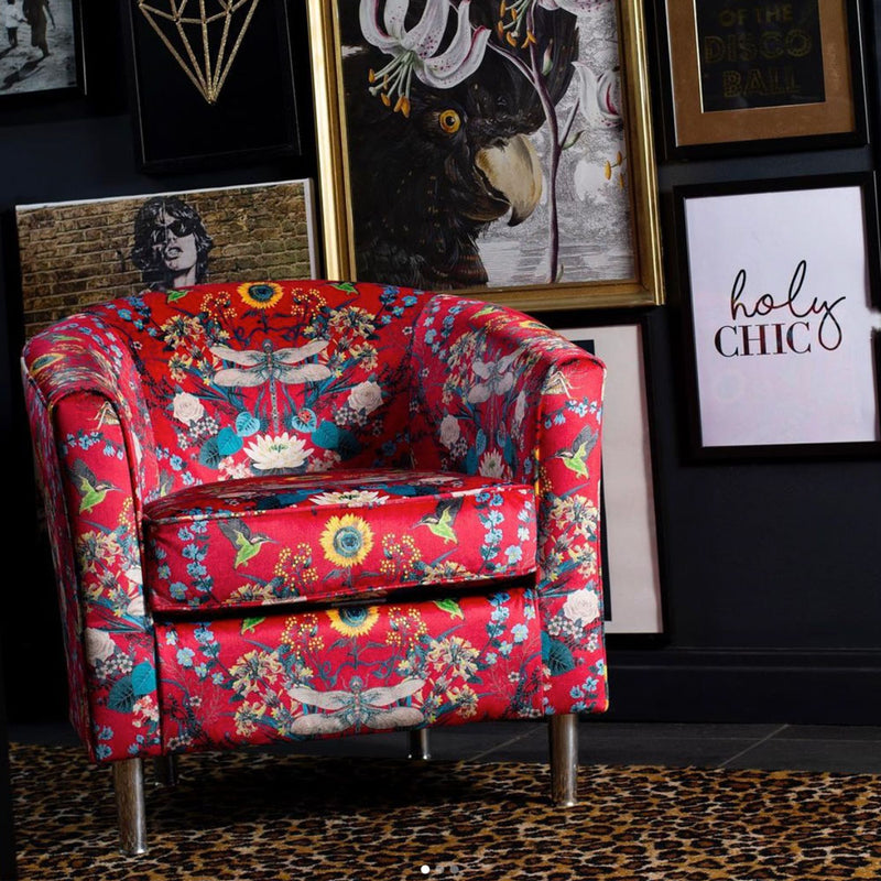 Vibrant Red Patterned Fabric for Upholstery on Tub Chair by Designer, Becca Who