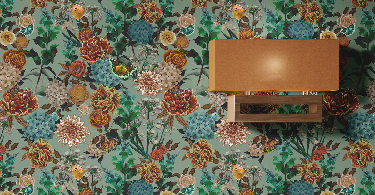 Vintage Floral Wallpaper on wall with light by Designer, Becca Who