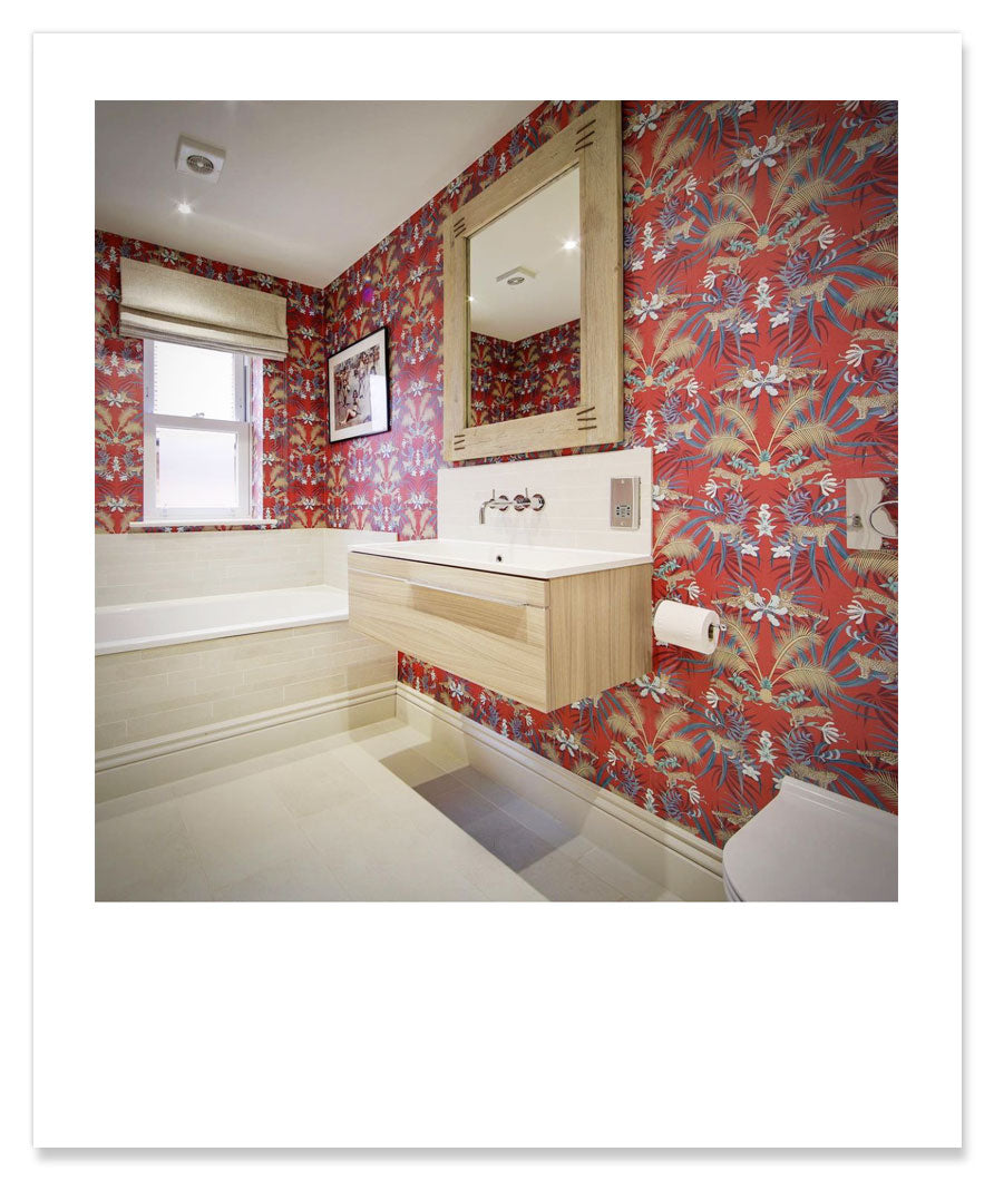 Red Designer Wallpaper with Leopards by Becca Who