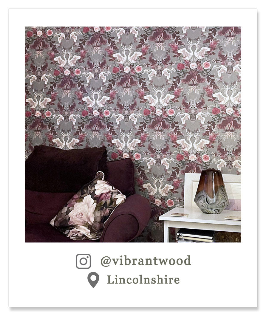 Patterned Swans Wallpaper in Pink and Grey by Designer Becca Who