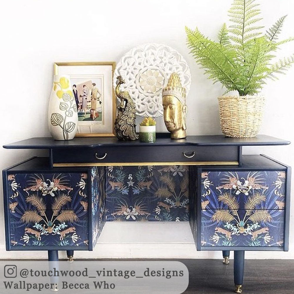 Dark Blue Leopard Wallpaper by Designer, Becca Who, on upcycled furniture