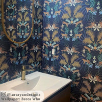 Dark Blue Leopards Feature Wallpaper by Designer, Becca Who, in bathroom